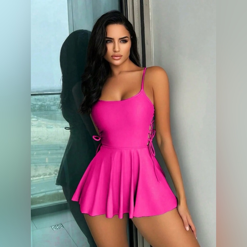 Fuchsia Tie-Side Swim Dress Bikini with Spaghetti Straps